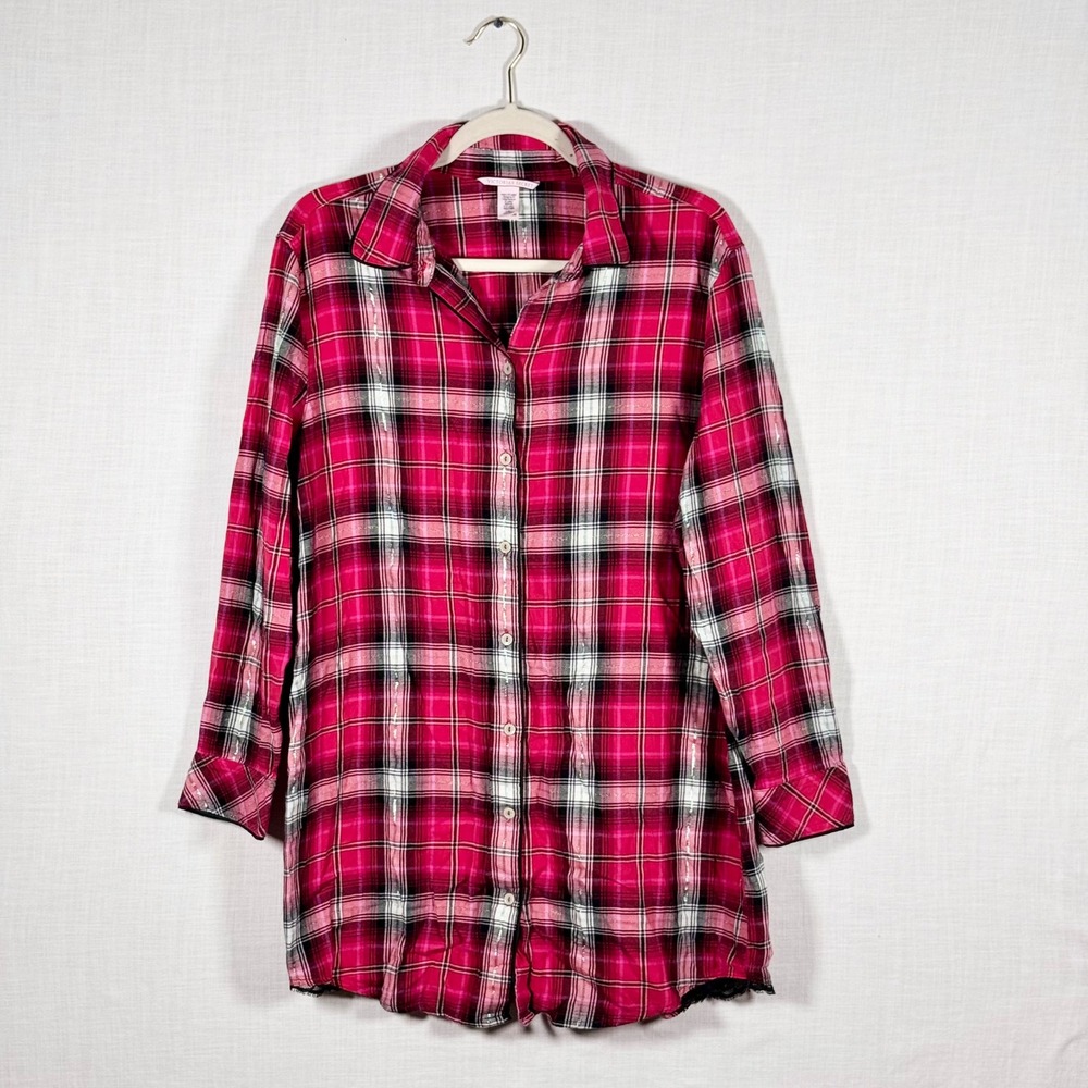 Victoria's Secret Sleep Shirt Women L Red Black Plaid Metallic Long Sleeve